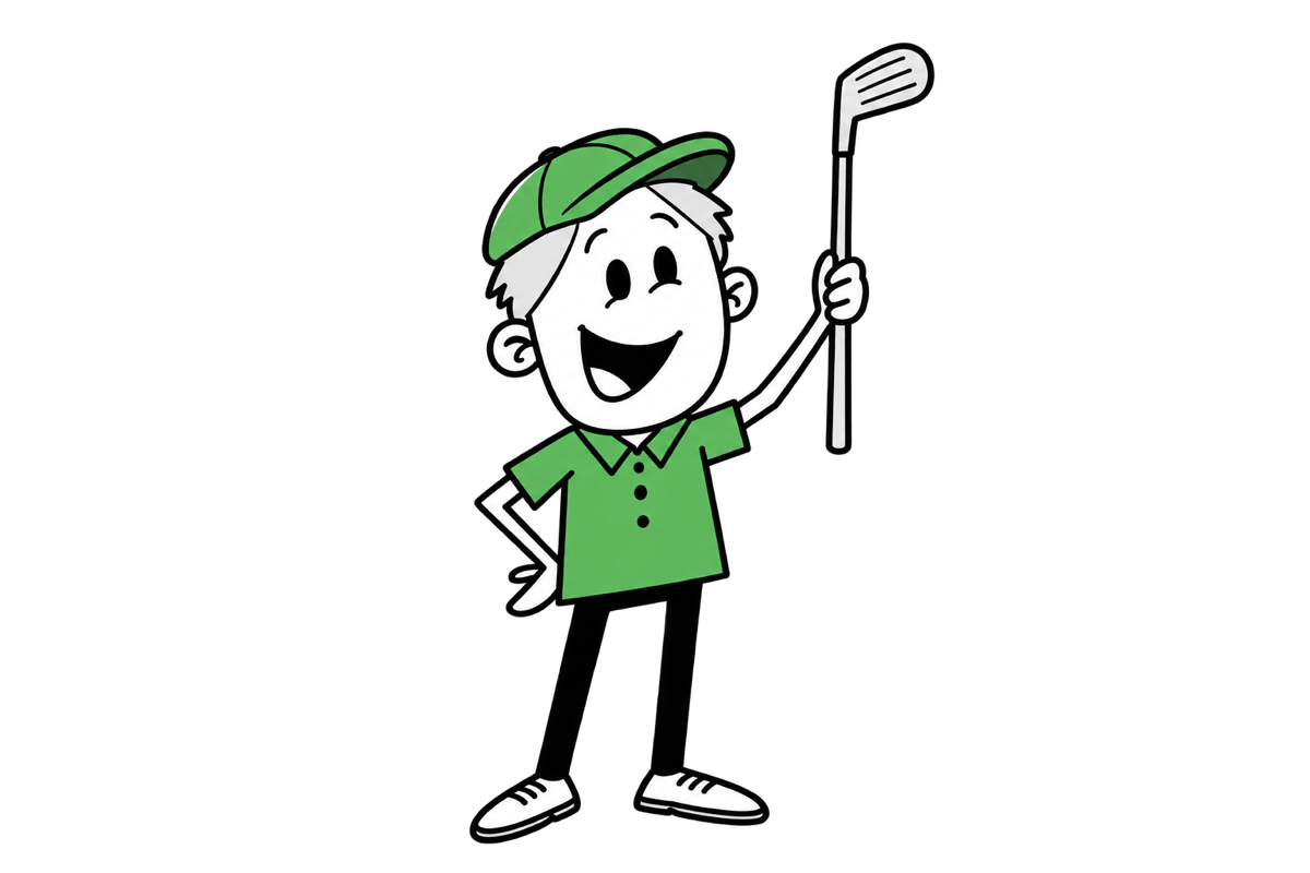 George, Golfchats maskot, hilser med golfkøllen